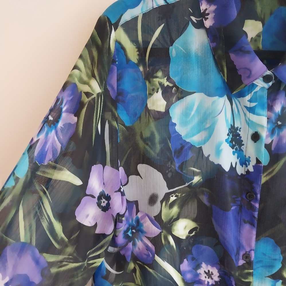 Susan Graver Purple & Blue Tropical Floral Semi Sheer Button Front Blouse - Picture 5 of 8